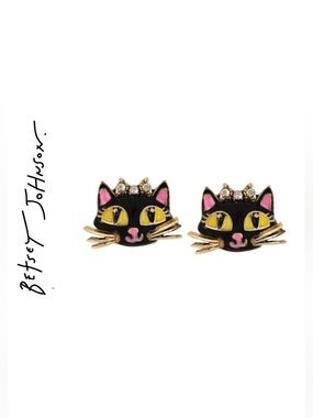 Betsey Johnson Tutu Cat Antique Gold Stud Earrings Black Crystal NWT